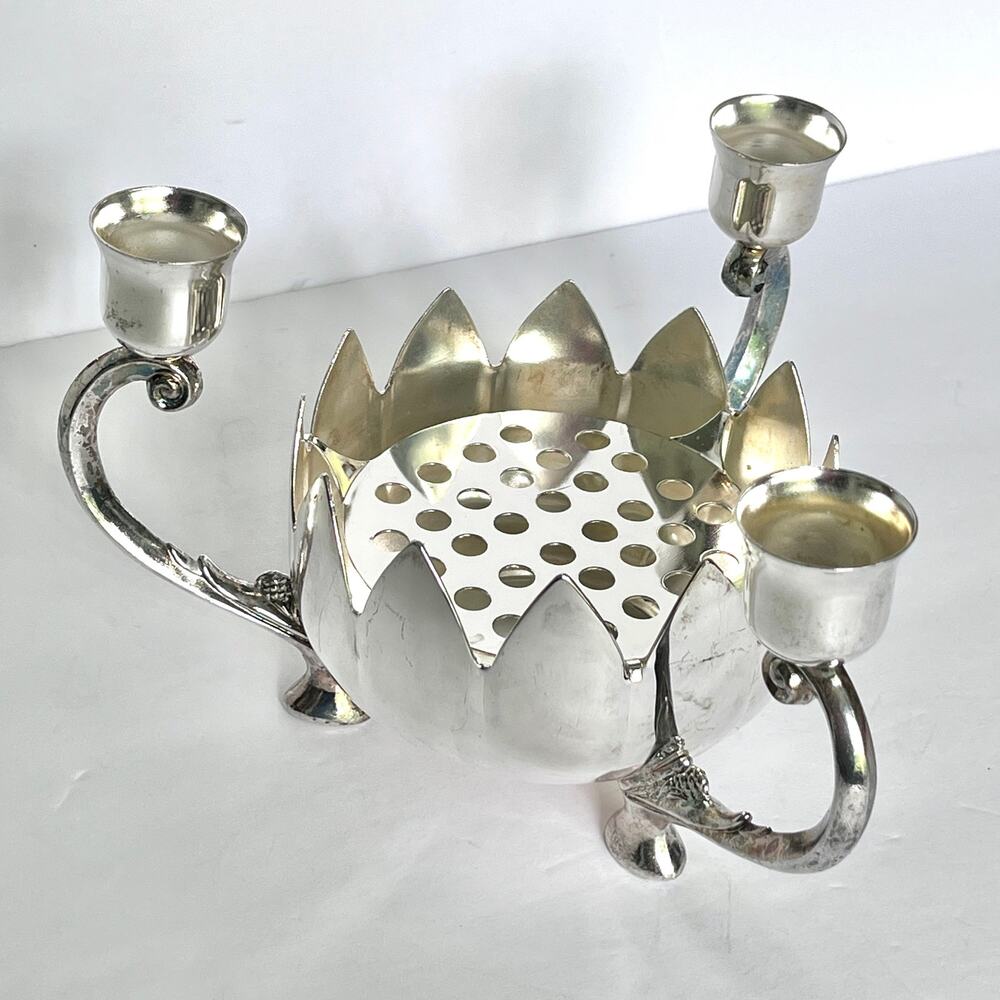 Vintage 1960s Leonard Silver Plate Lotus Candelabra Centerpiece w/ Flower Frog